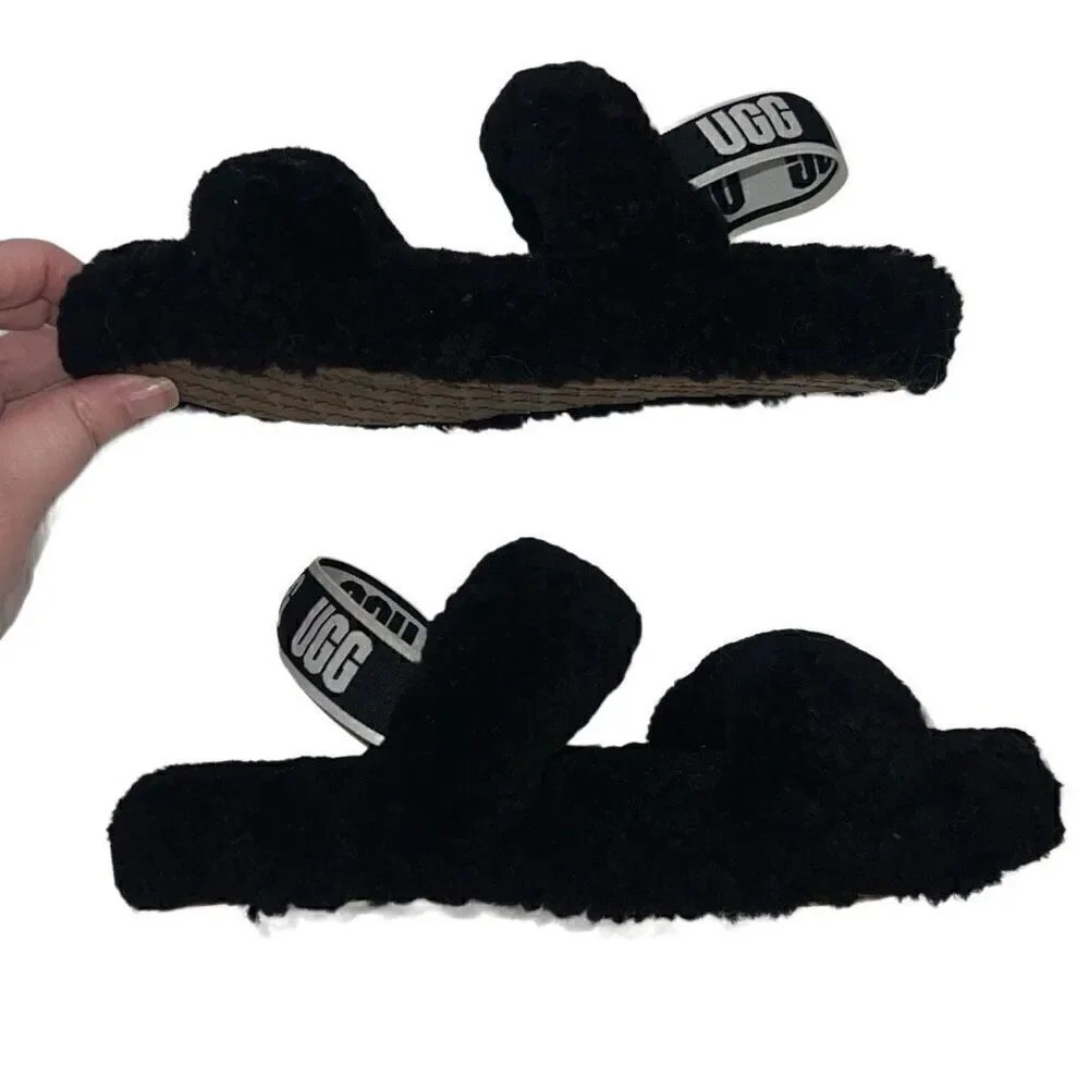 Ugg Oh Yeah Black Sandals Girls sz 3 Strappy Sheepskin Logo Spell out Cozy